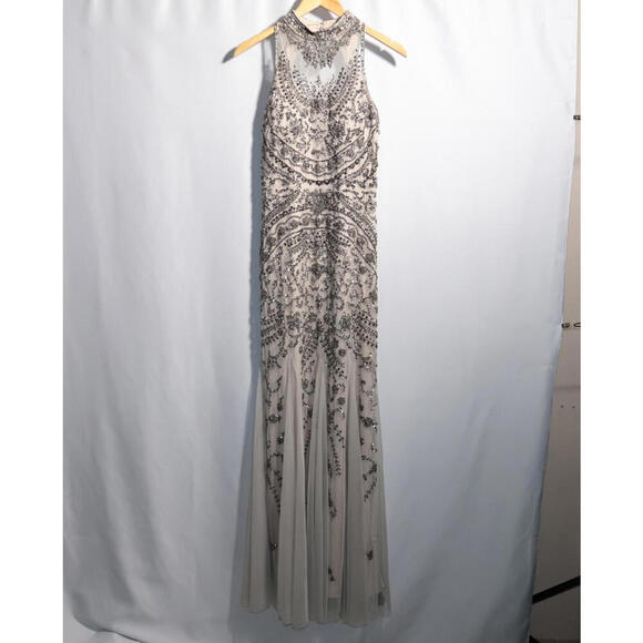 Aidan Mattox Beaded Mesh Godet Gown 8 NEW Blush Champagne Mock Neck Open Back - Picture 3 of 15